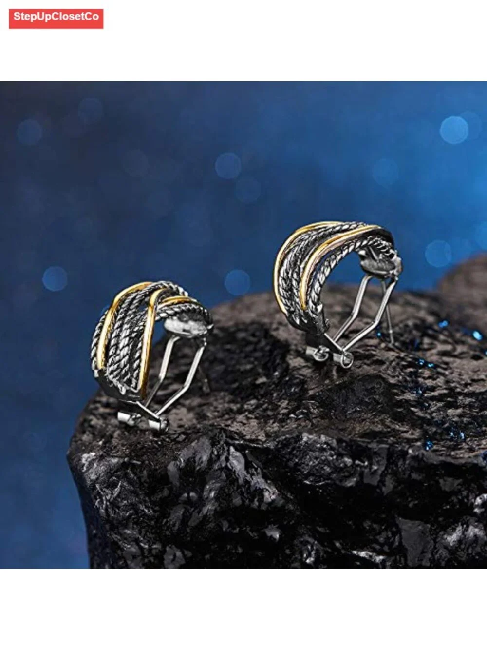 Two Tone Huggie Hoop Earrings Crossover Twisted Rope Statement Clip On